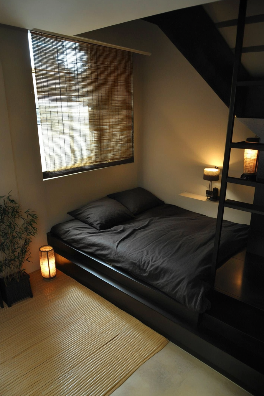 Micro bedroom design. Black raised single bed over tatami mat flooring.