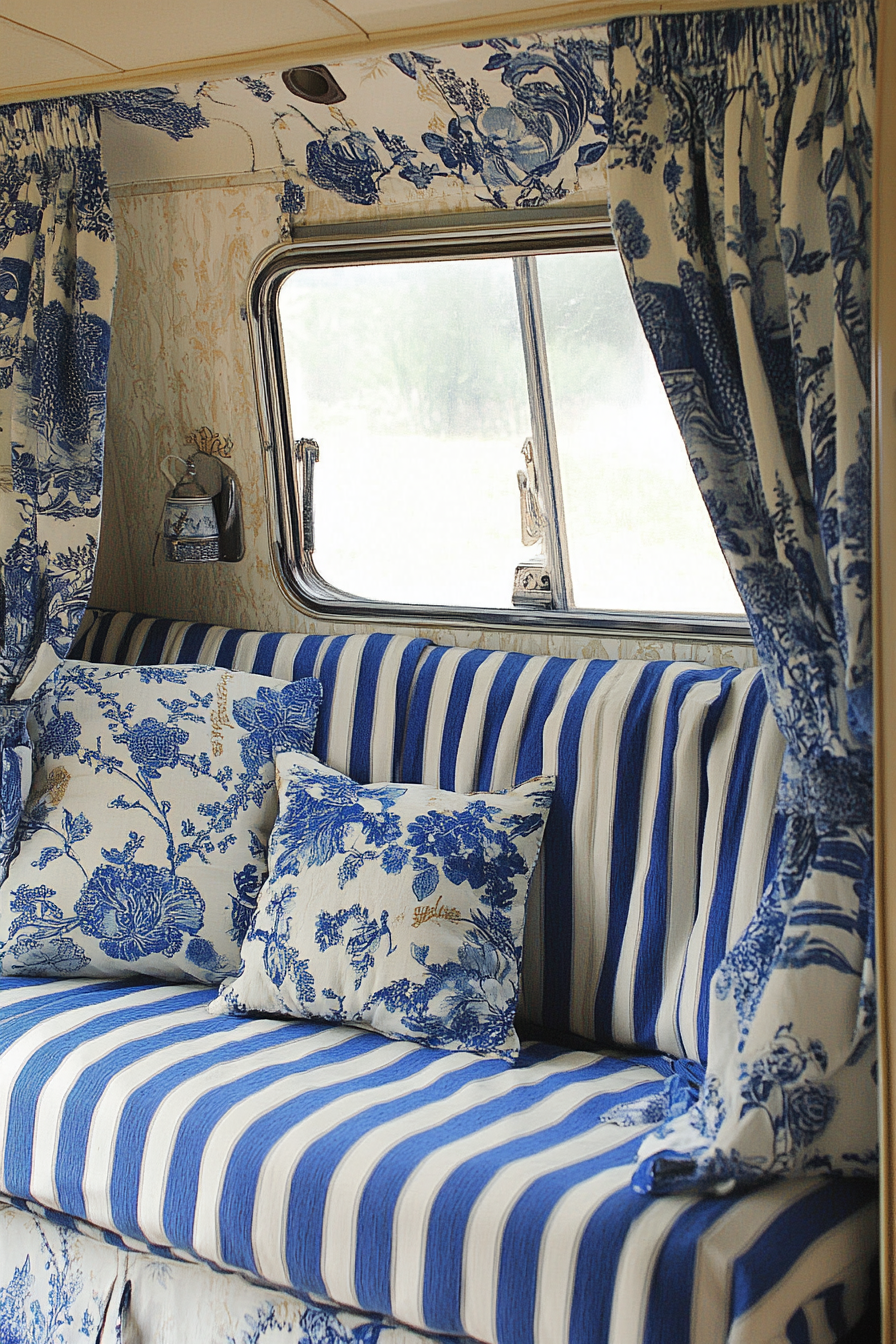 Camper design. Chintz curtains with striped blue and white sofa.