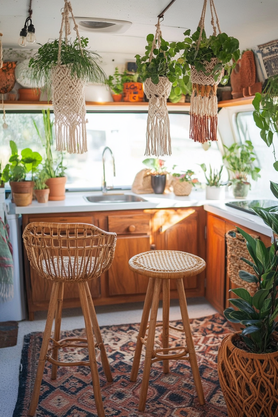 Bohemian camper kitchen. Macrame hanging plant holders and rattan bar stools.