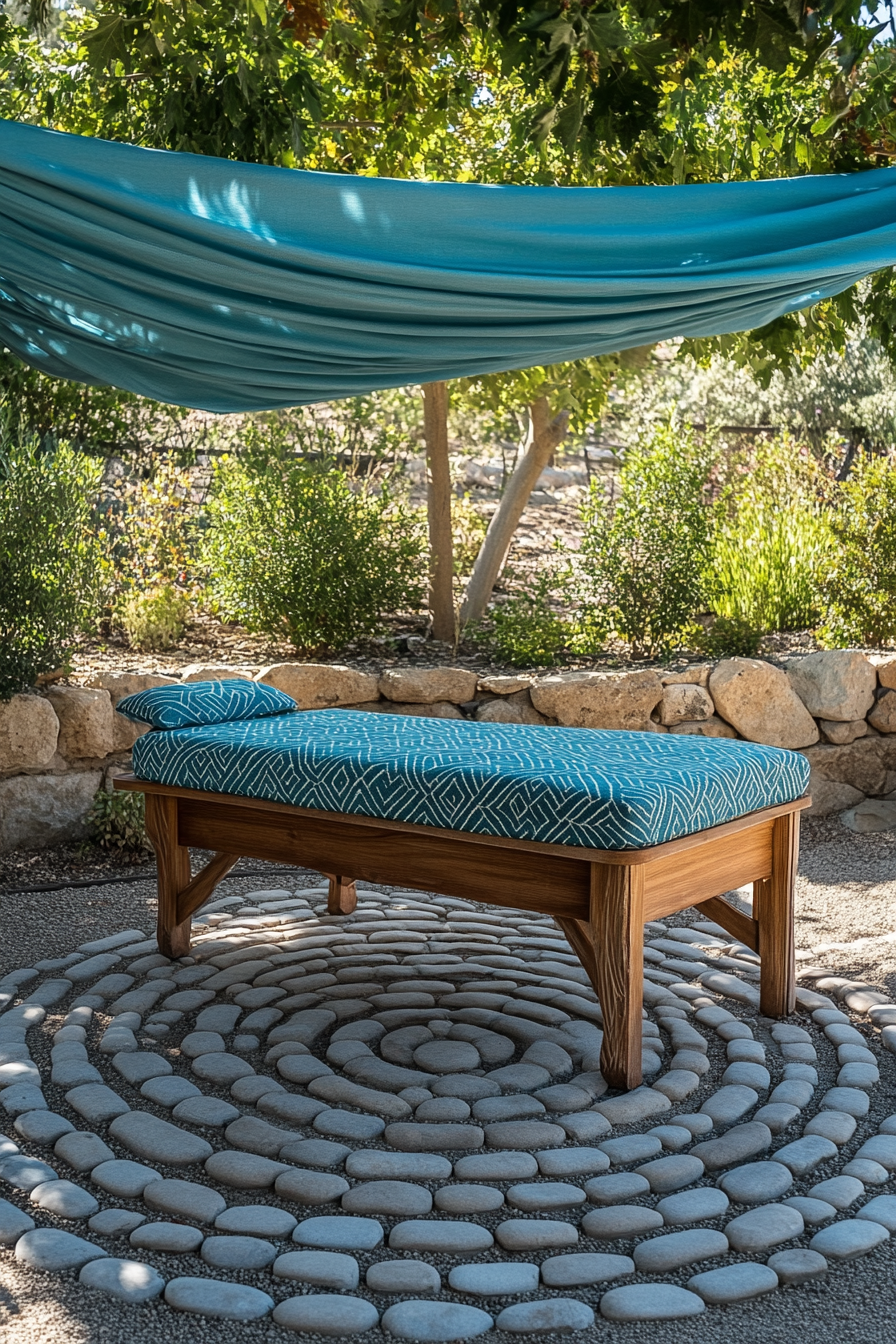 Outdoor massage table setup. Wooden table under a baby blue canopy, Meditation labyrinth layout. Circular pattern with river stones.