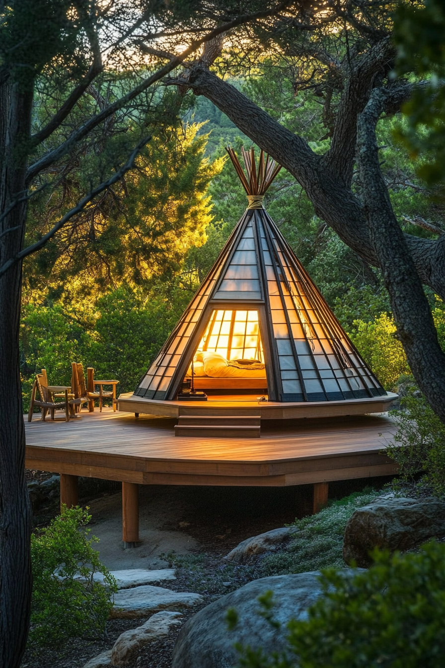 Elevated platform. Japanese Shoji screen-windowed teepee on a raised wooden deck.