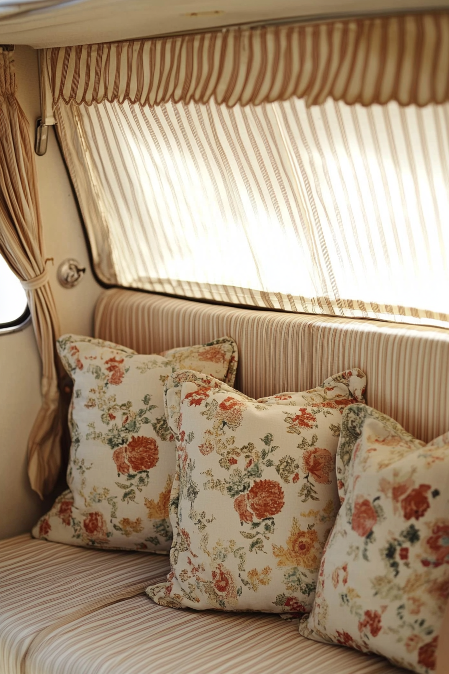 Camper design. Chintz cushions with beige striped awning.