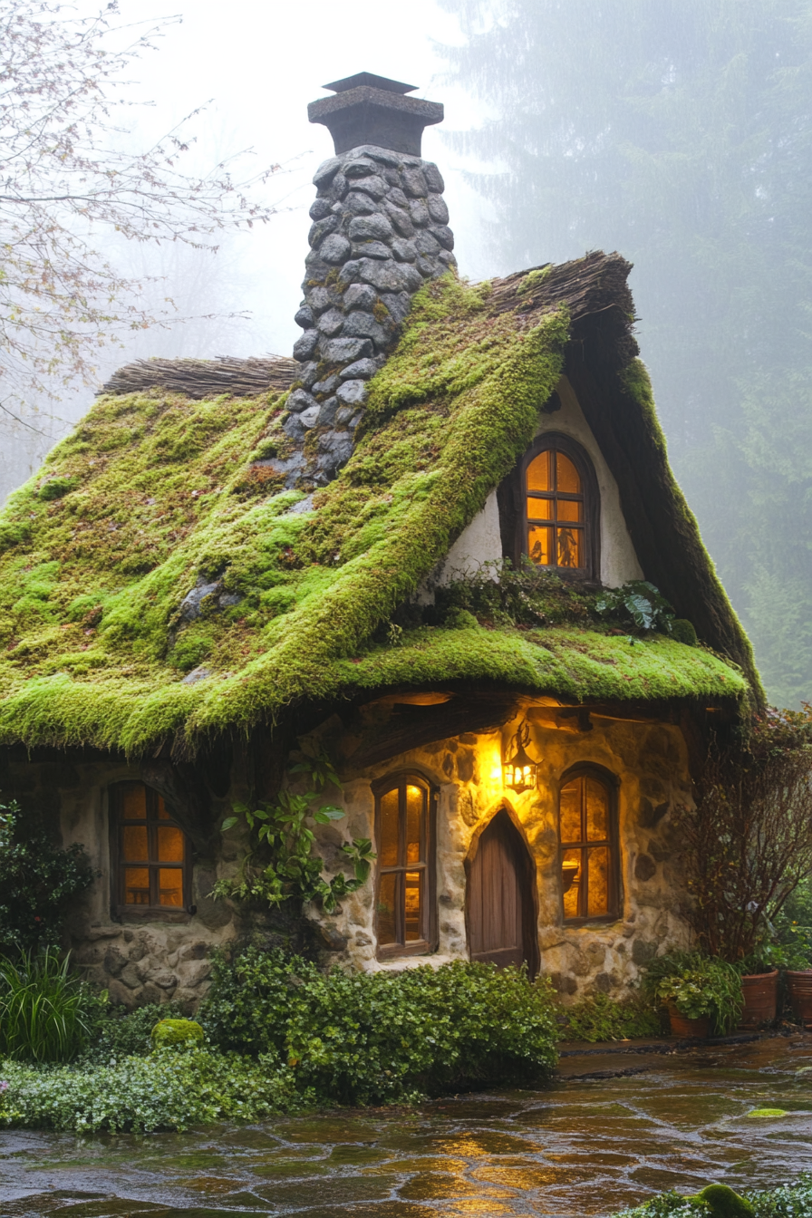 Micro home design. Thatched roof with moss, crooked chimney made of cobblestone.