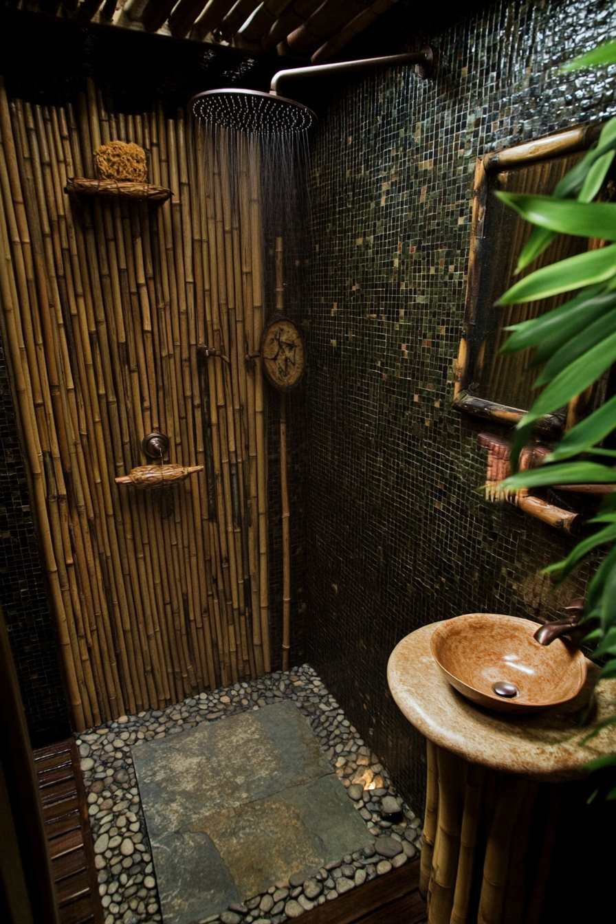 Tiny eco-bathroom concept. Bamboo shower, river stone floor.