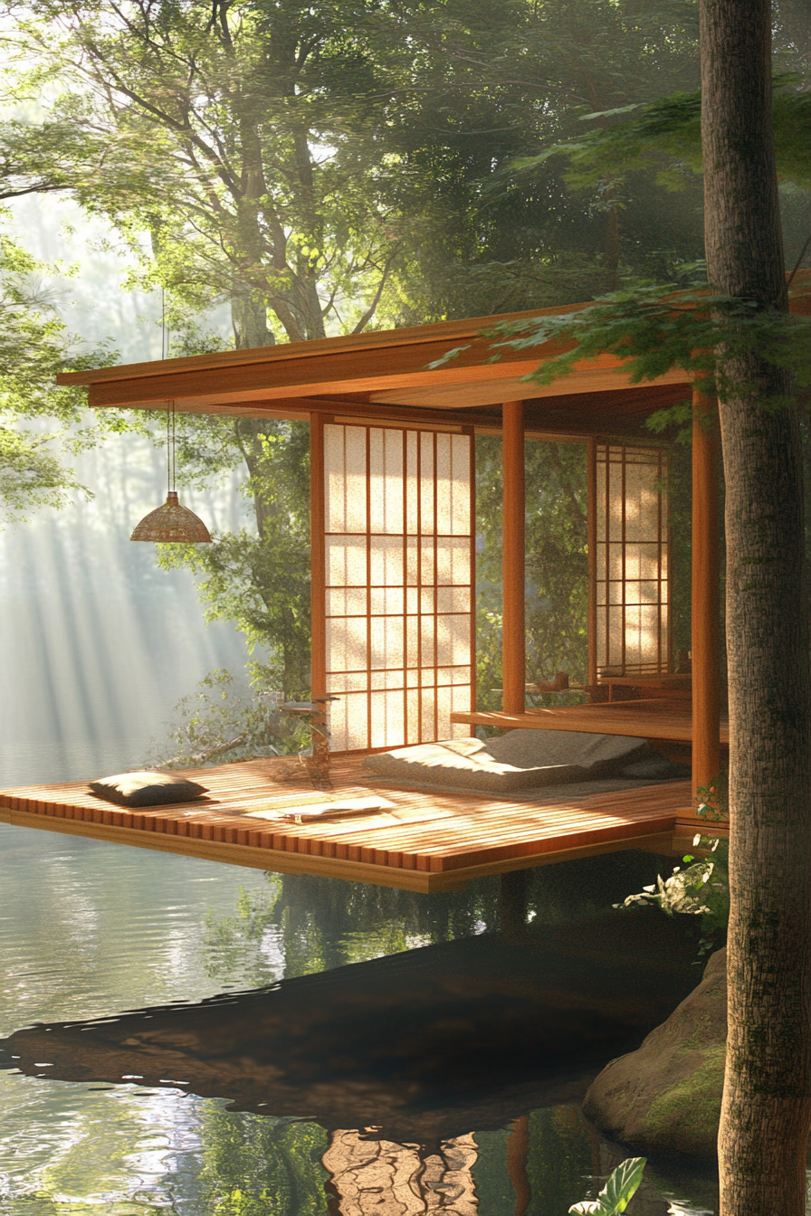 Elevated Platform Zen Camp Concept. Cypress platform with elevated sliding shoji screen.