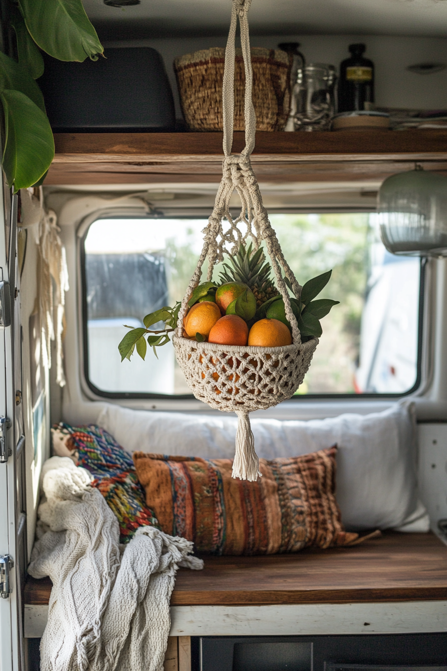 Bohemian camper kitchen. Macramé hanging fruit basket on rustic rattan frame.