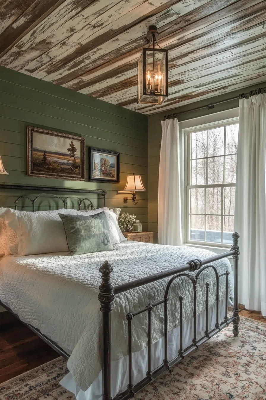 Rustic-chic bedroom. Green walls, iron bed frame, whitewashed shiplap ceiling.