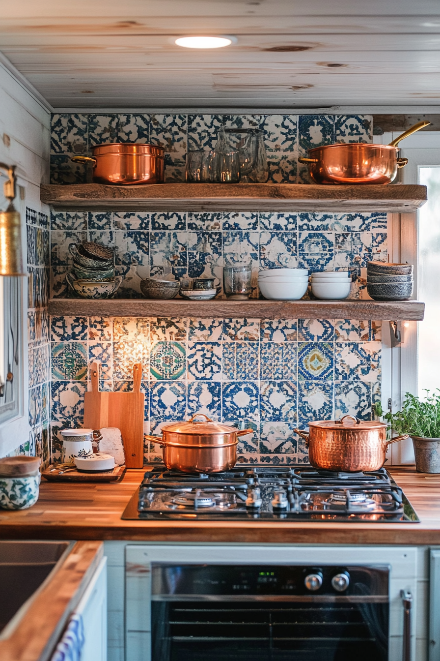 Tiny cooking space. Moroccan tile backsplash with copper pots and pans.