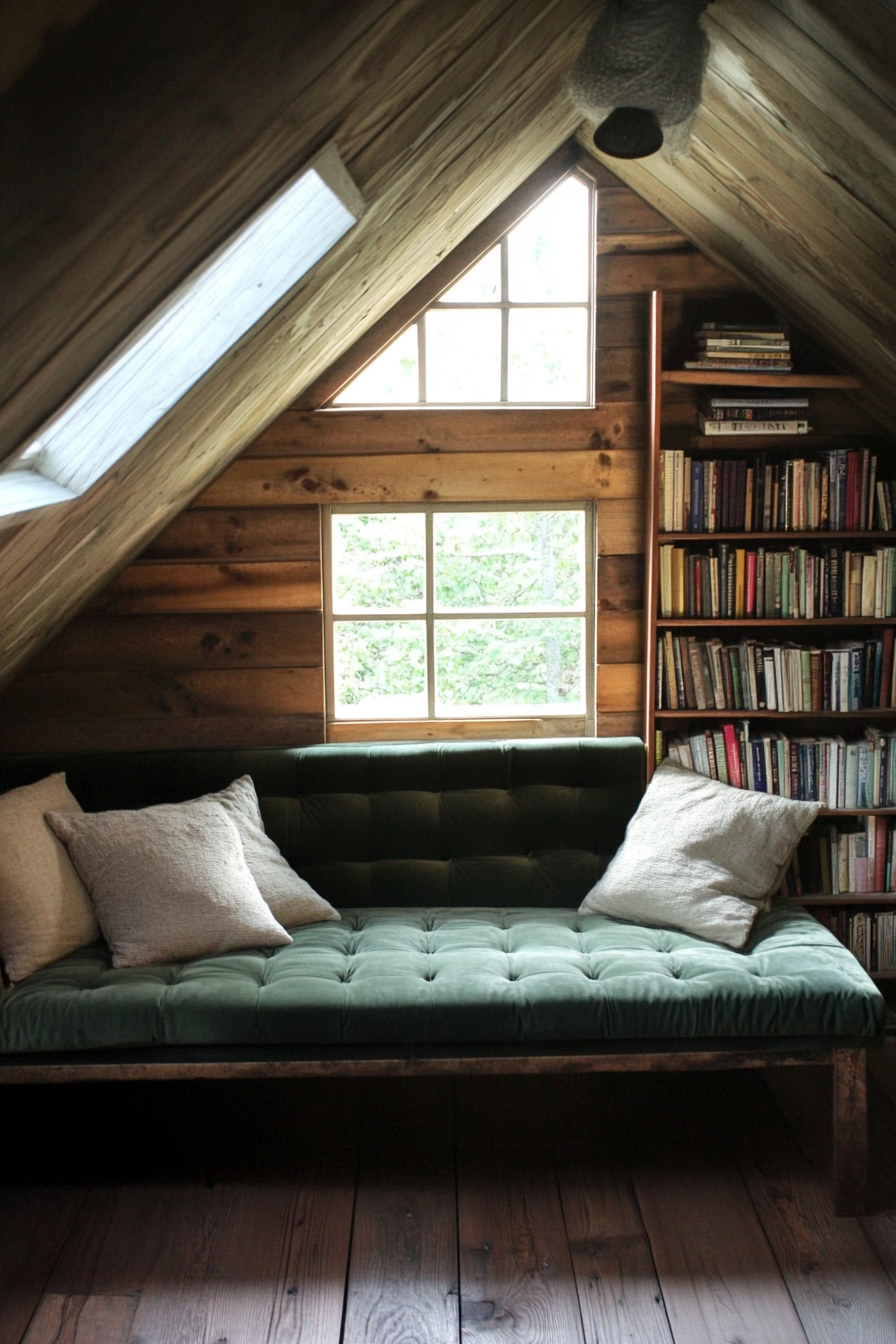 Upper level design. Velvet couch, rattan bookshelf, small skylight.