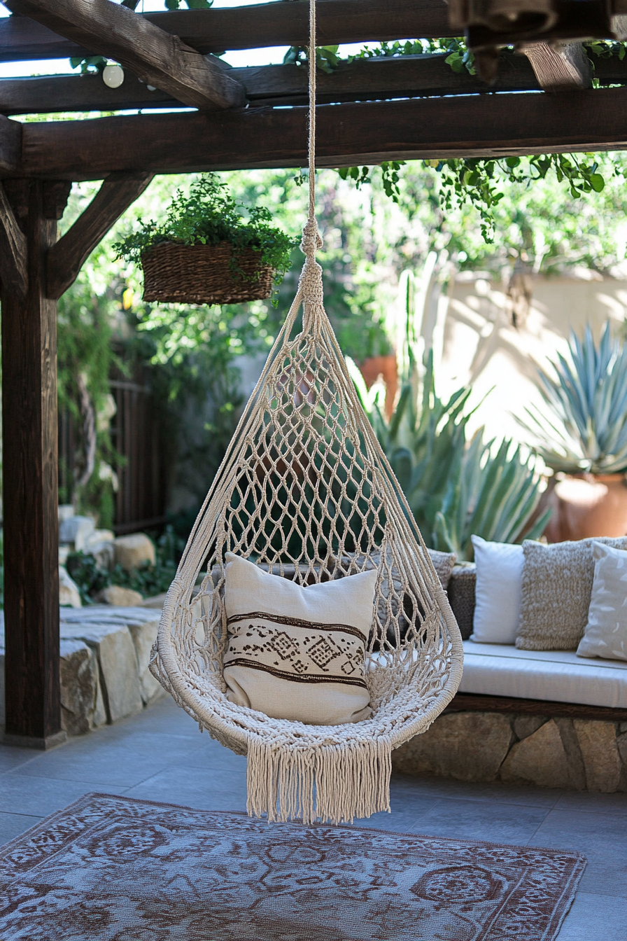 Bohemian patio. Macramé hanging chair suspended under acacia lumber canopy.