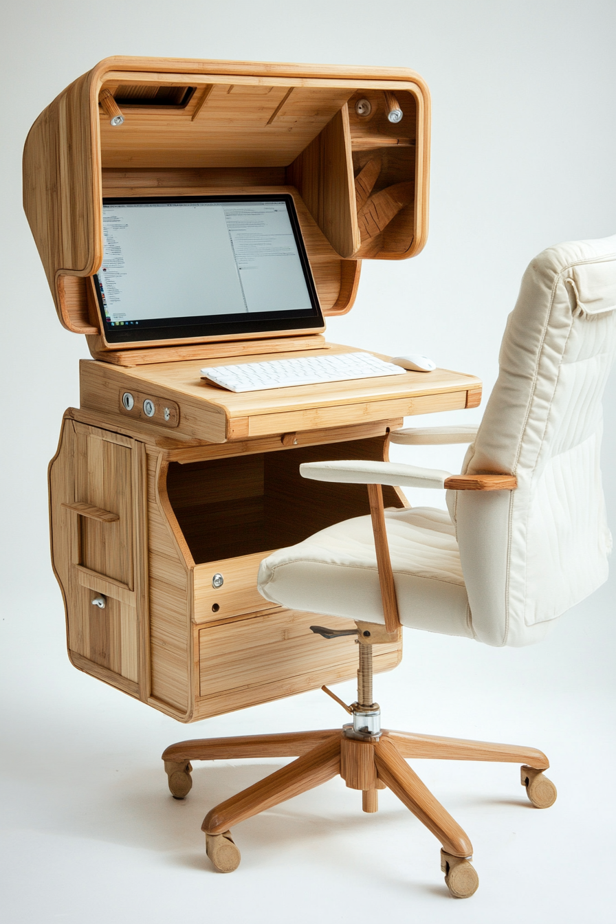 Mobile workspace design. Bamboo desktop with cream-colored ergonomic chair.