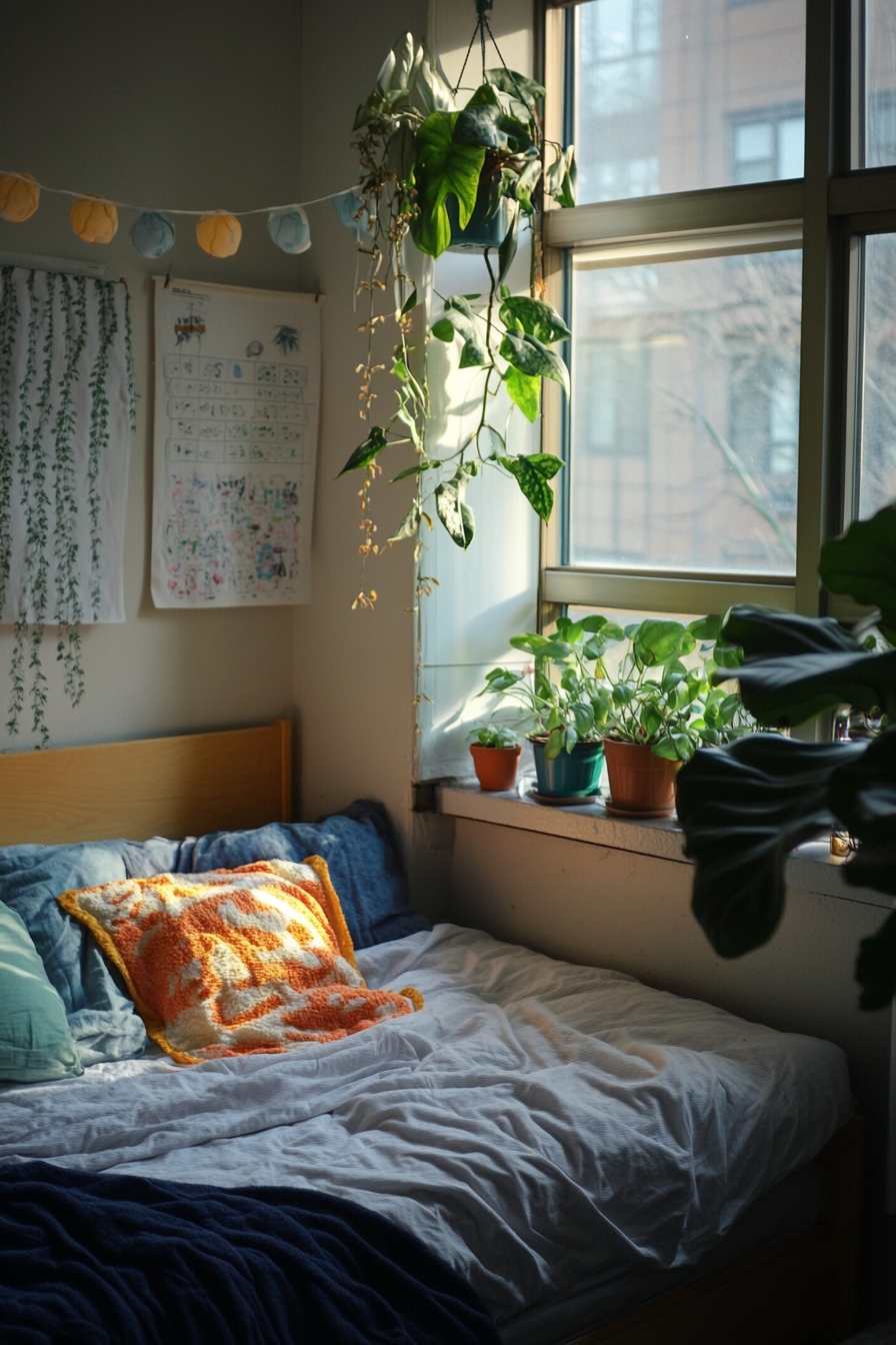 Student dorm room. Japandi style with potted zamioculcas plant.