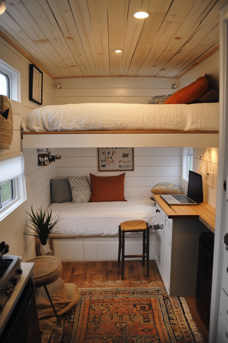 Remote work camper interior. White paneling with plywood loft bed.