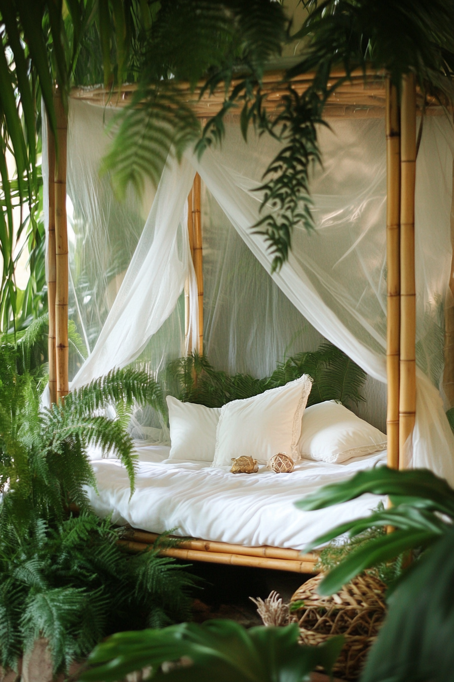 Sleeping nook. White mosquito net draped over a bamboo frame, surrounded by tropical ferns.