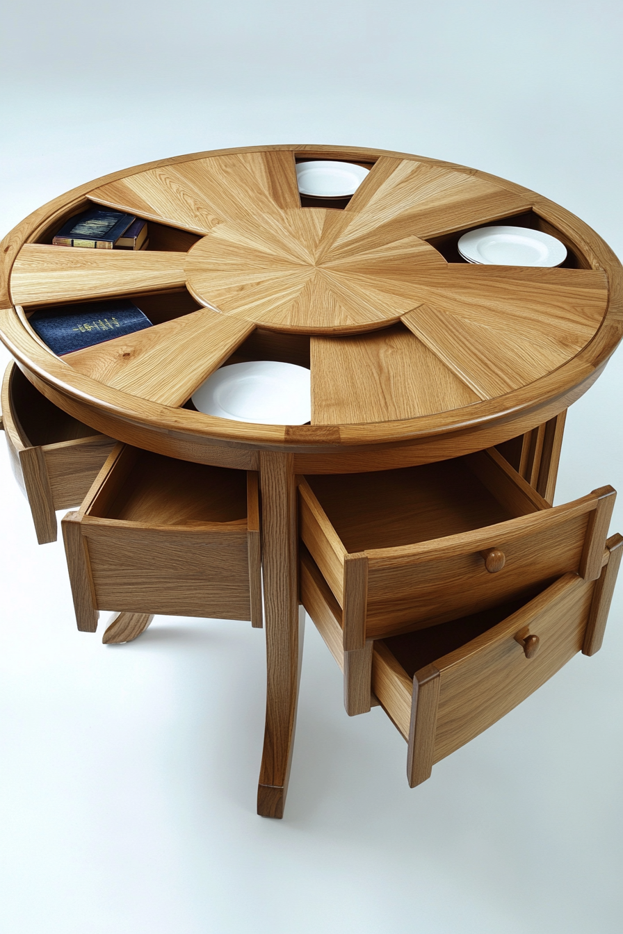 Dining table for small spaces. Round, cherry wood, with hidden drawers.