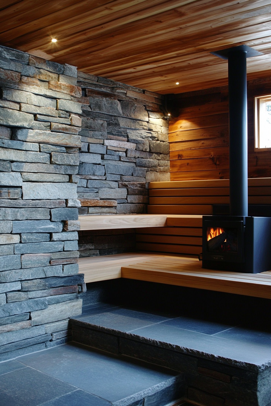 Sauna room design. Wood-burning stove against stacked stone walls with tiered cedar benches.