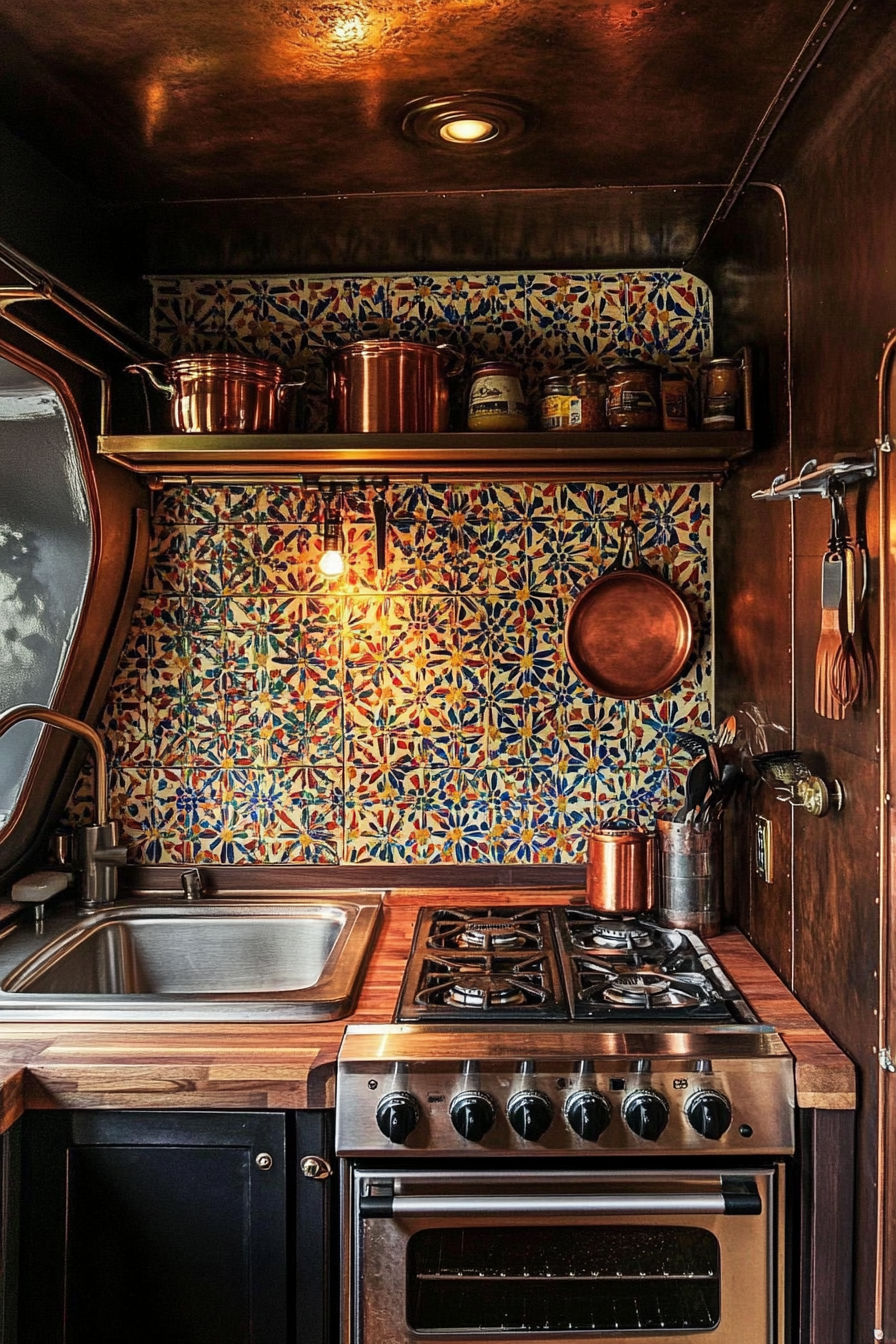 Tiny cooking space idea. Moroccan tile backsplash and copper wall-mounted sauce holder.