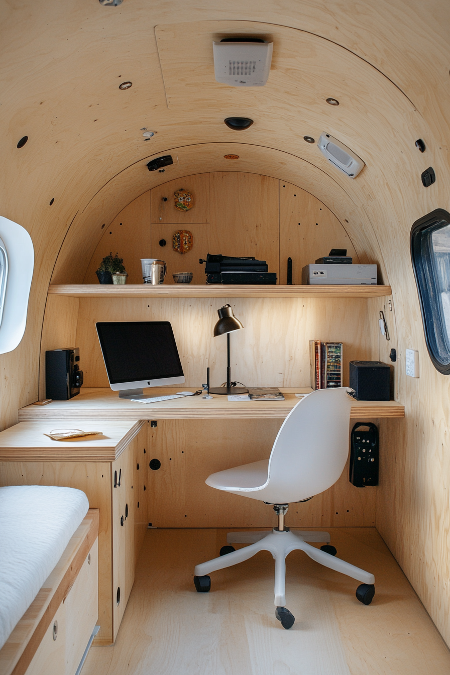 Remote work camper interior. Plywood desk with ergonomic white chair.