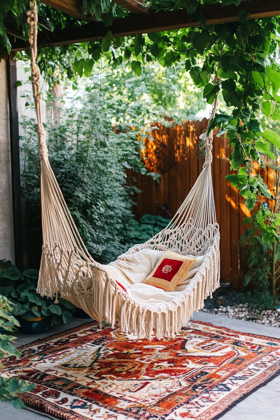 Bohemian patio. Macramé hanging chair canopy over a flame-stitched kilim rug.