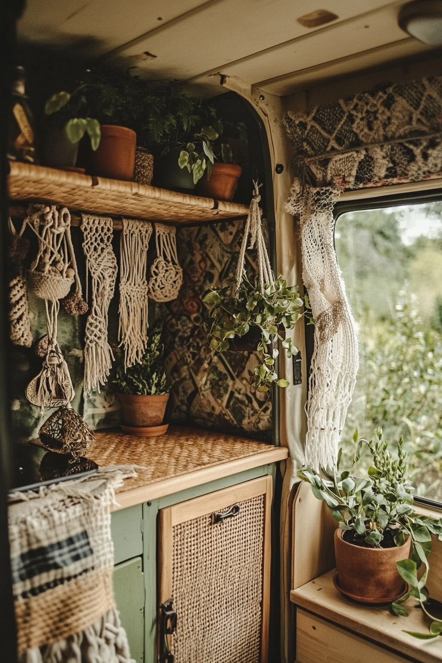 Bohemian camper kitchen. Macramé plant hangers with rattan cabinets.