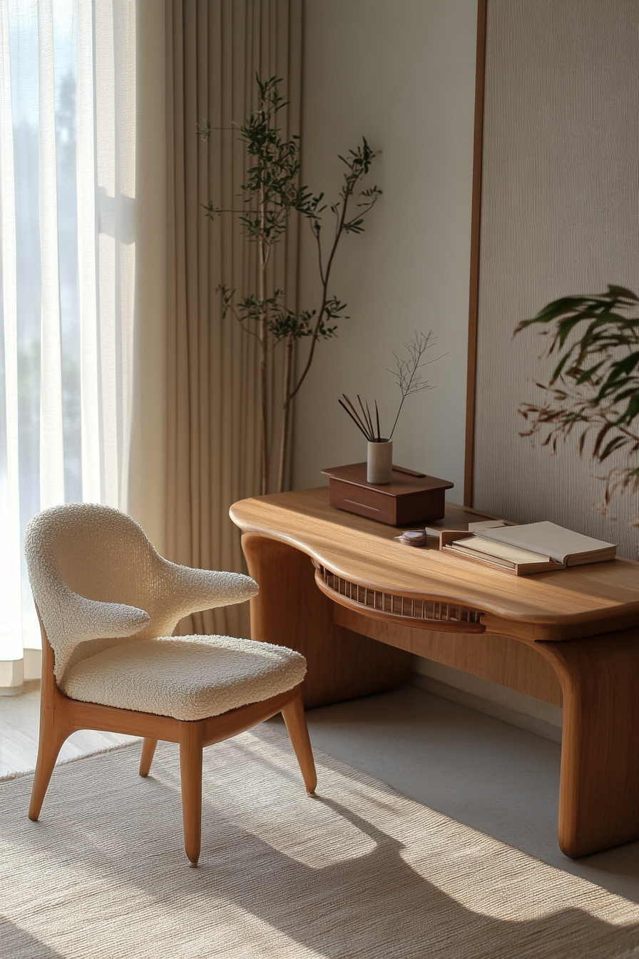 Mobile workspace design. Bamboo desk, cream armchair, beige rug.