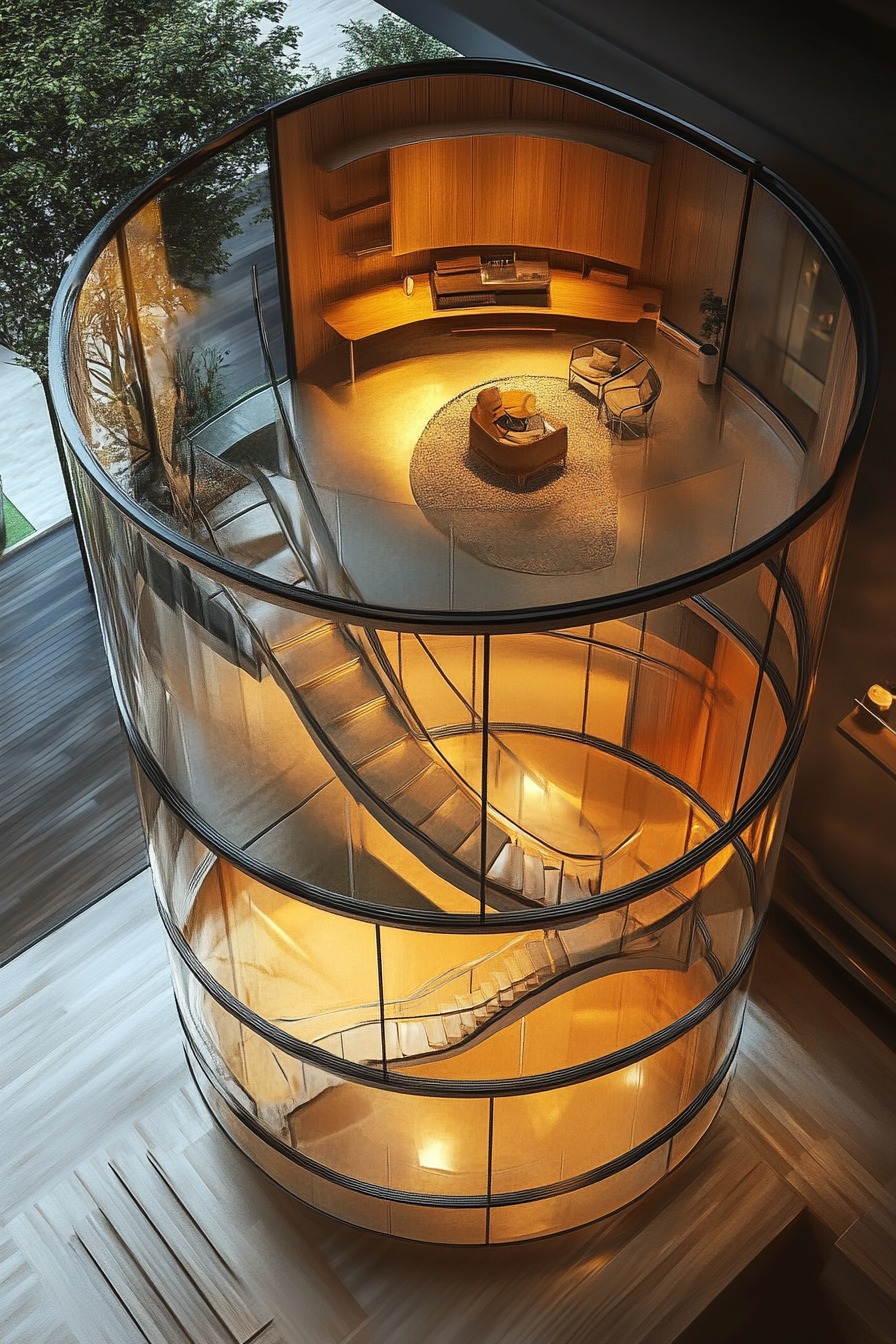 Micro living concept. Spiral staircase leading to a glass-walled panoramic top floor.