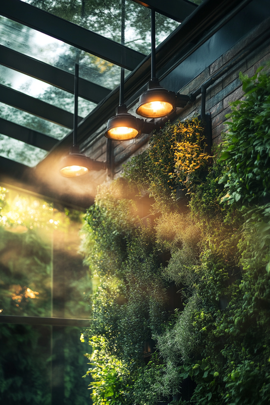 Living wall. Hydroponic systems with rosemary, filtered light through glass ceiling.