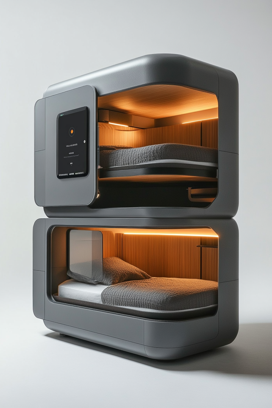 Stacked micro living pod. Gray capsule with foldable smart screen and voice-controlled lights.