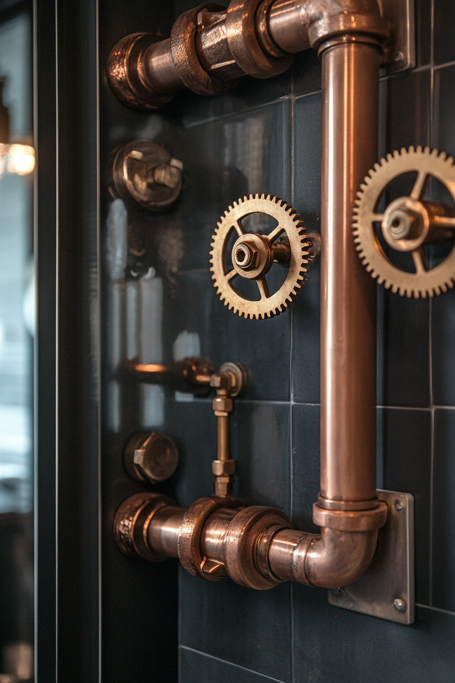 Micro home. Exposed copper piping with brass mechanical gears.