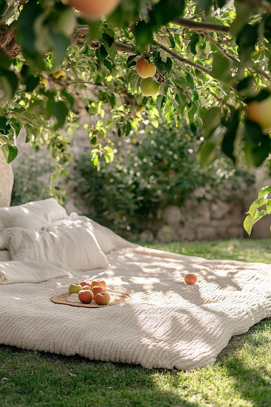 Cottagecore outdoor space. Soft blanket underneath an apple tree.