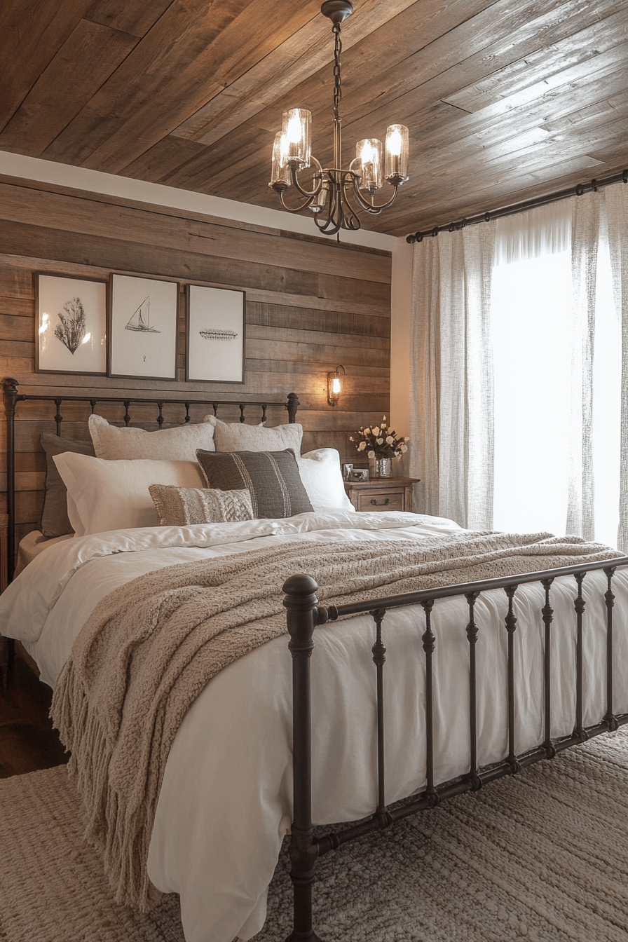 Rustic-chic bedroom. Oak shiplap ceiling, wrought iron king-size bed frame.