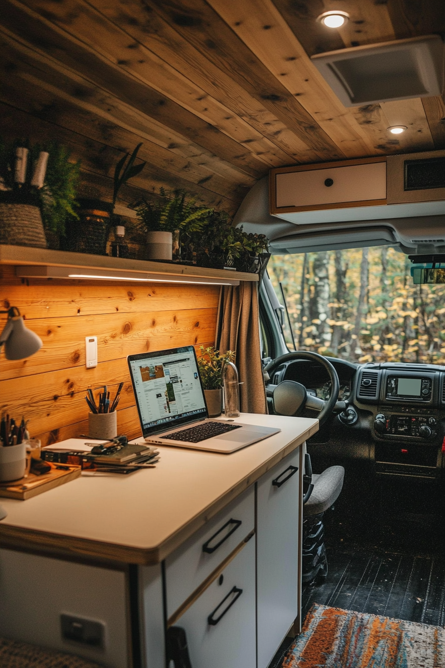 Remote work camper interior. Sleek white countertop with compact, built-in plywood desk space.