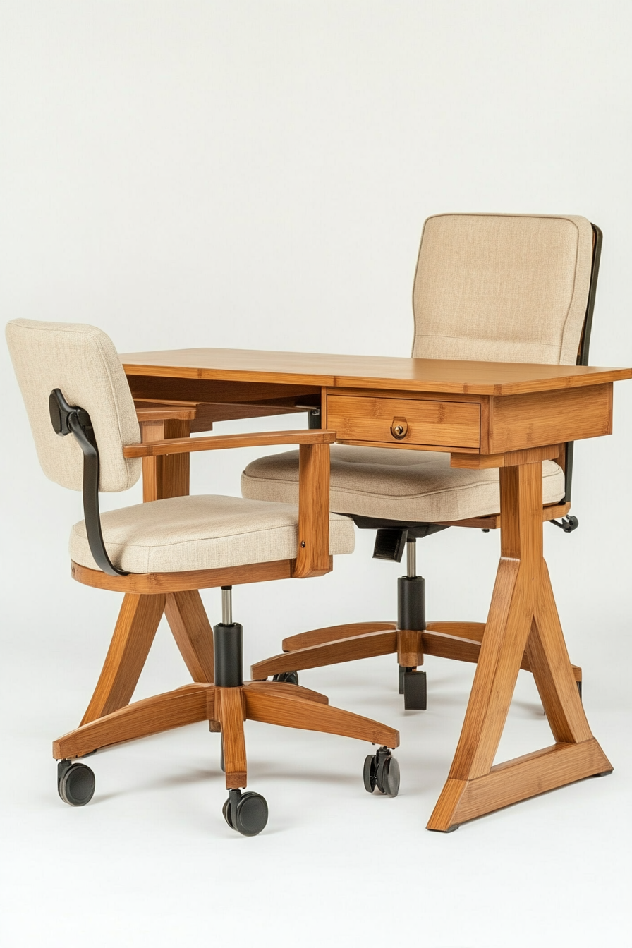 Mobile workspace design. Bamboo desk with beige ergonomic chair.