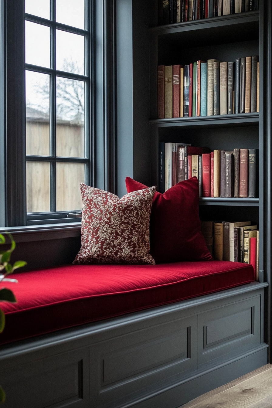 Window alcove concept. Floating bench with red velvet cushion and hidden / concealed book storage.