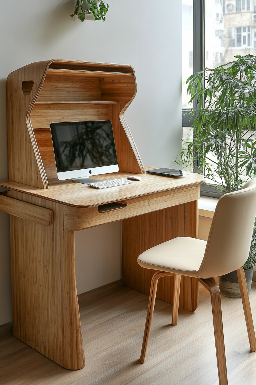 Compact workspace idea. Bamboo desk with beige ergonomic chair.