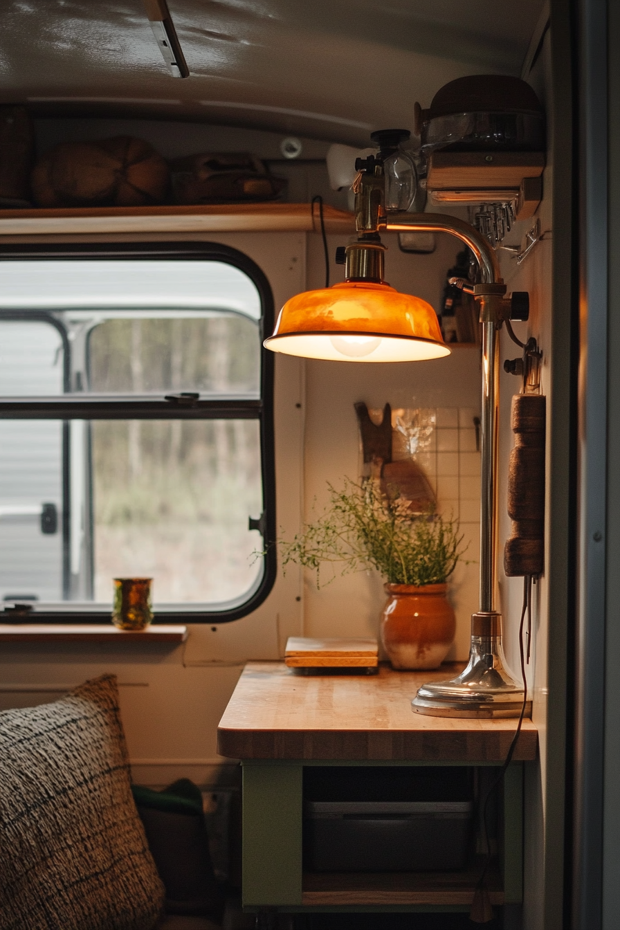 Fall RV decor. Minimalistic Bauhaus-styled workshop lamp