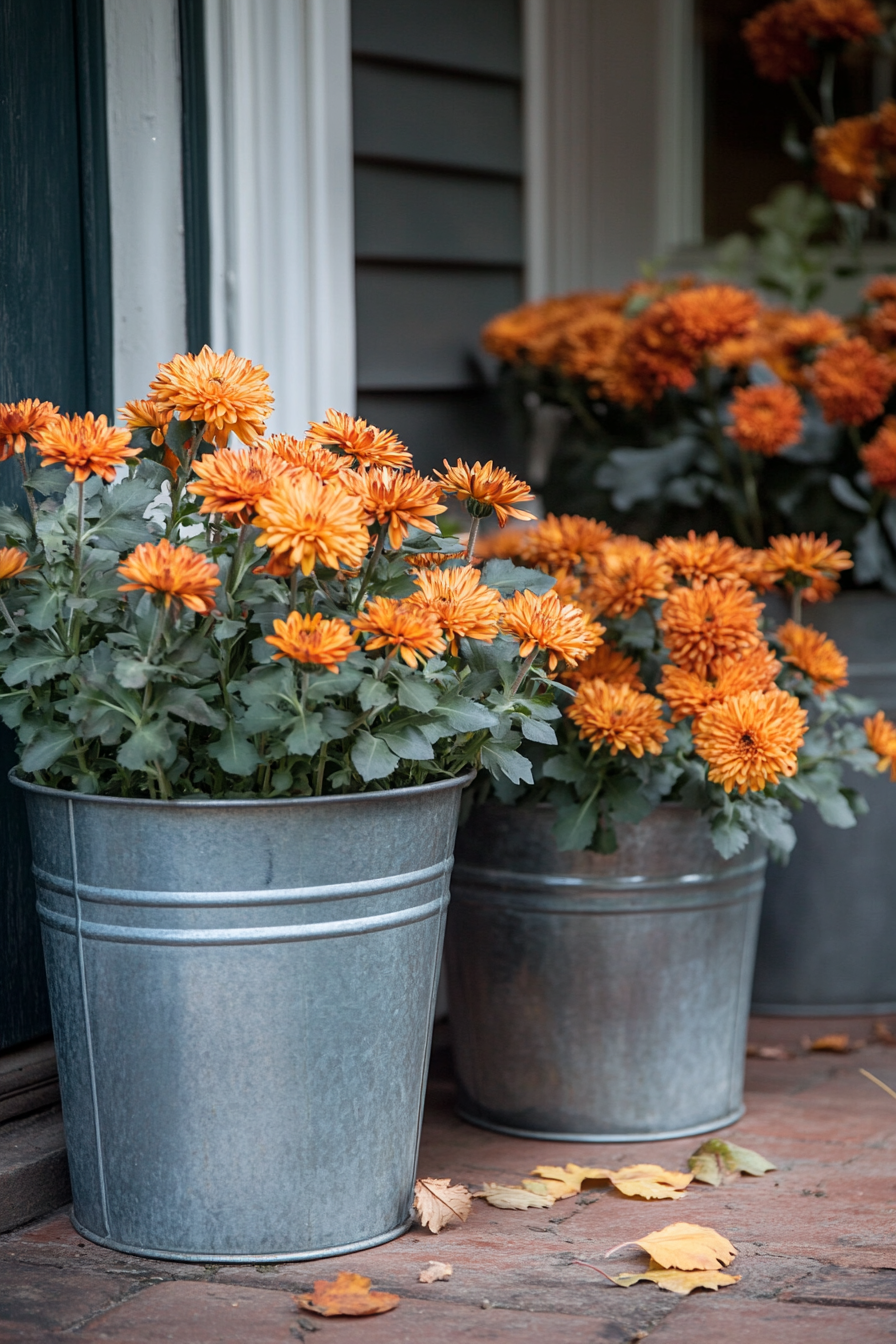 Fall porch. Galvanized metal buckets filled with burnt orange chrysanthemums.