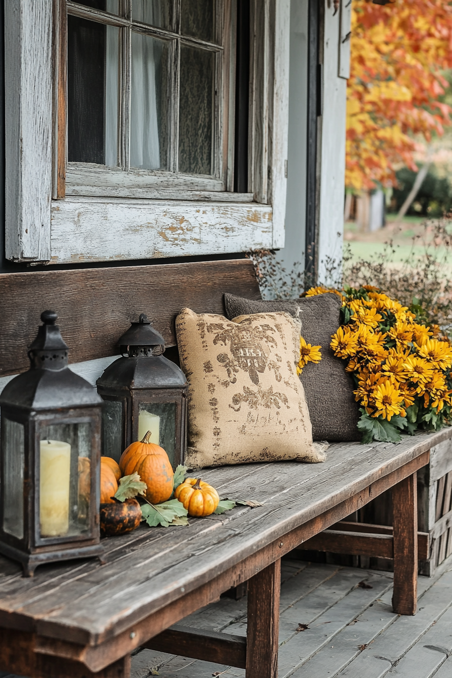 Fall porch. Antique lanterns beside a reclaimed wood bench.