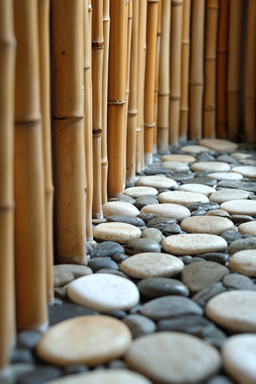 Tiny Eco-Bathroom Concept. Bamboo shower curtain and river rock floor mat.