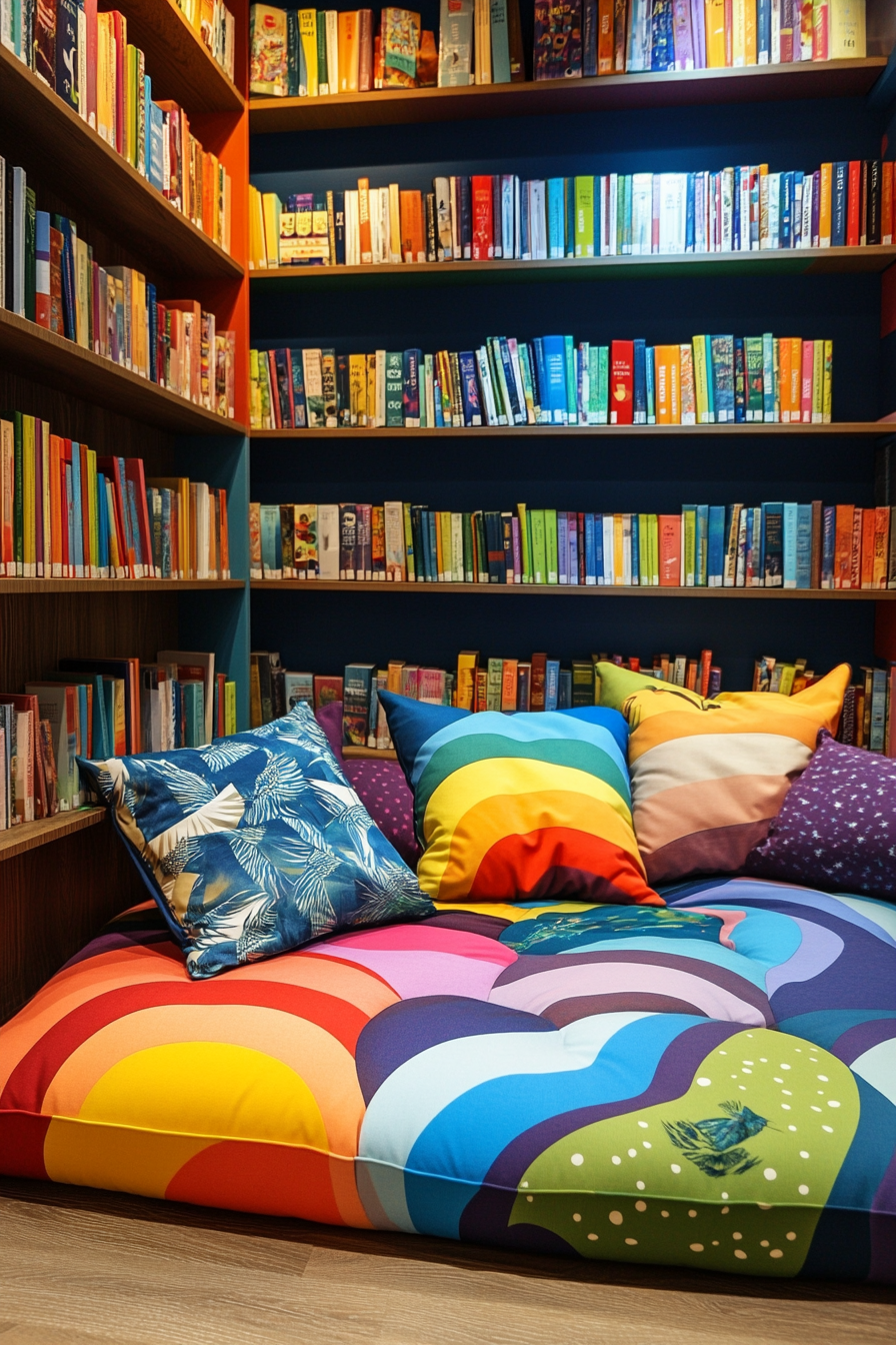 Child-Sized Library Concept. Floor cushion with abstract patterns and easily reachable rainbow book shelves.