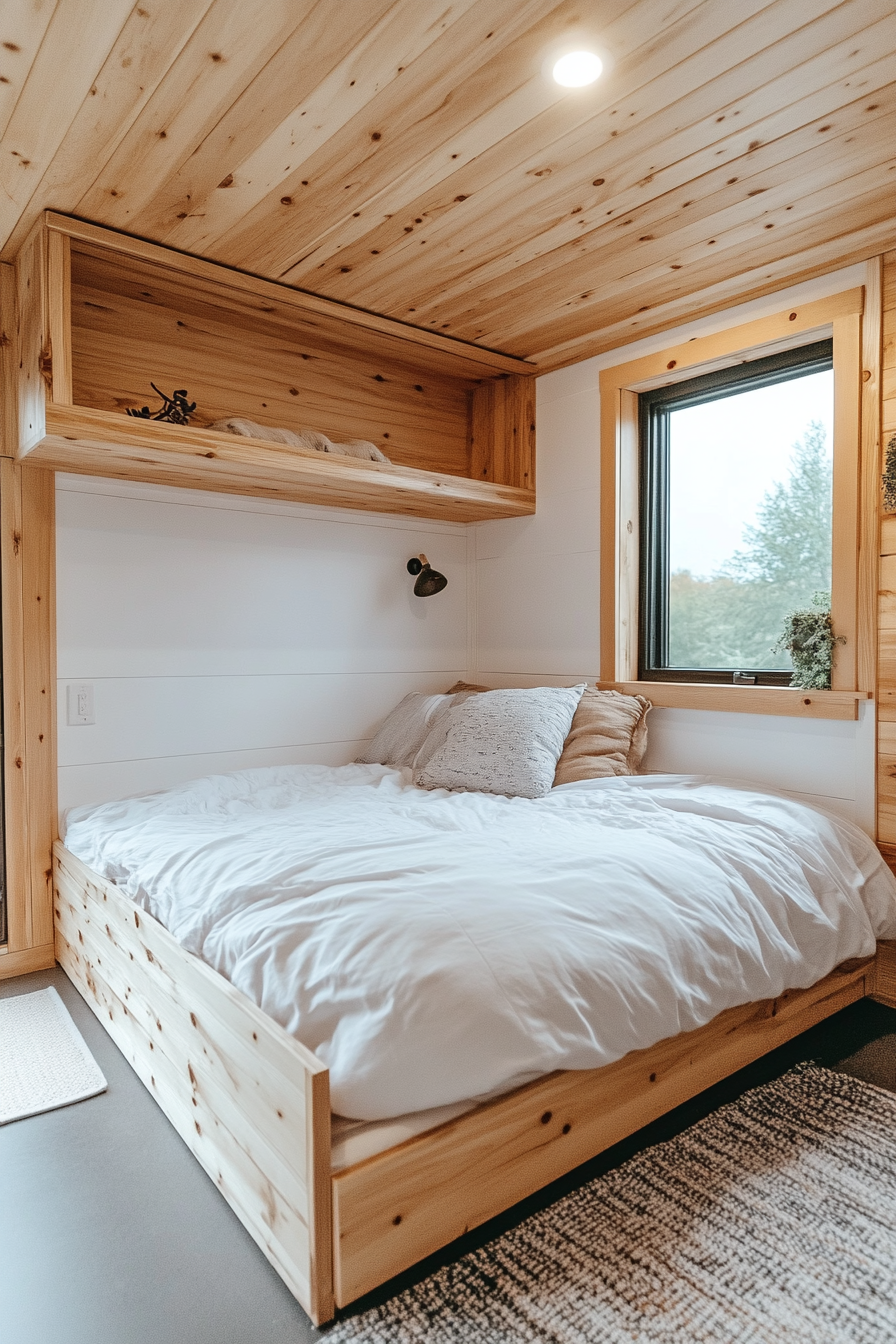 Tiny house bedroom. Wall-mounted oak nightstands, pine hidden storage bed, white minimalist aesthetic.