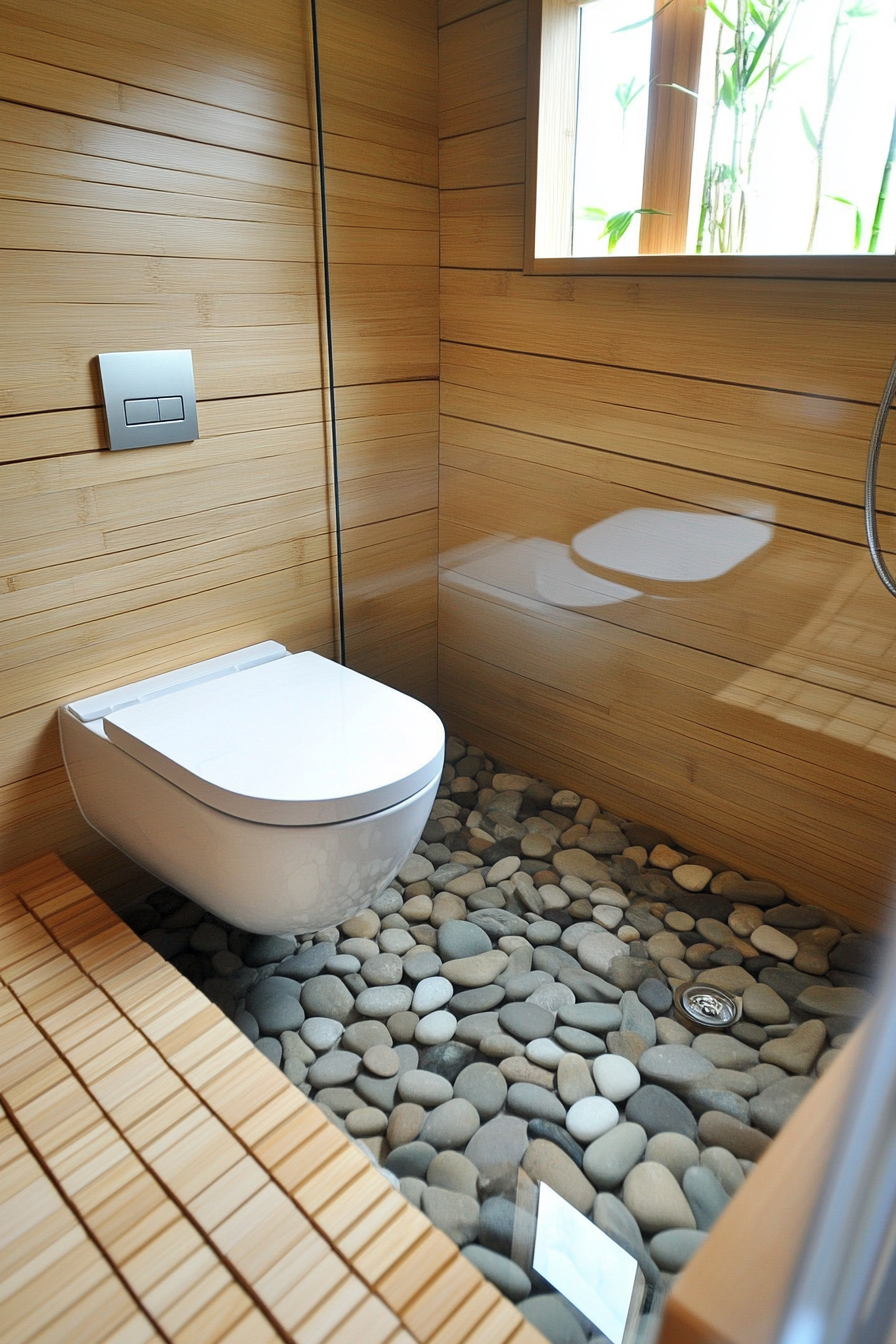 Tiny Eco-Bathroom concept. Bamboo walls and River Rock flooring.