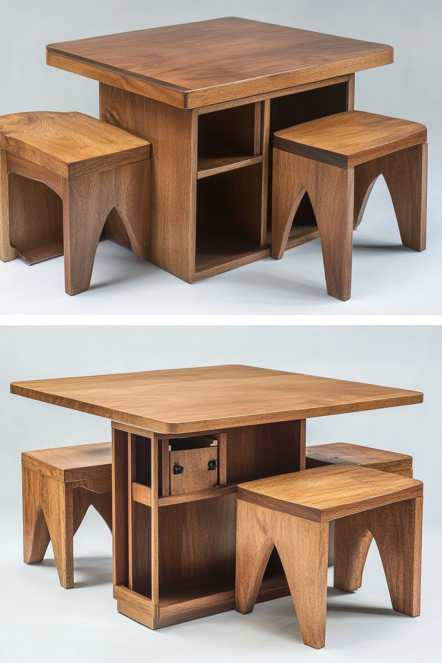 Hidden compartment dining table. Compact design with nested stools and center storage.