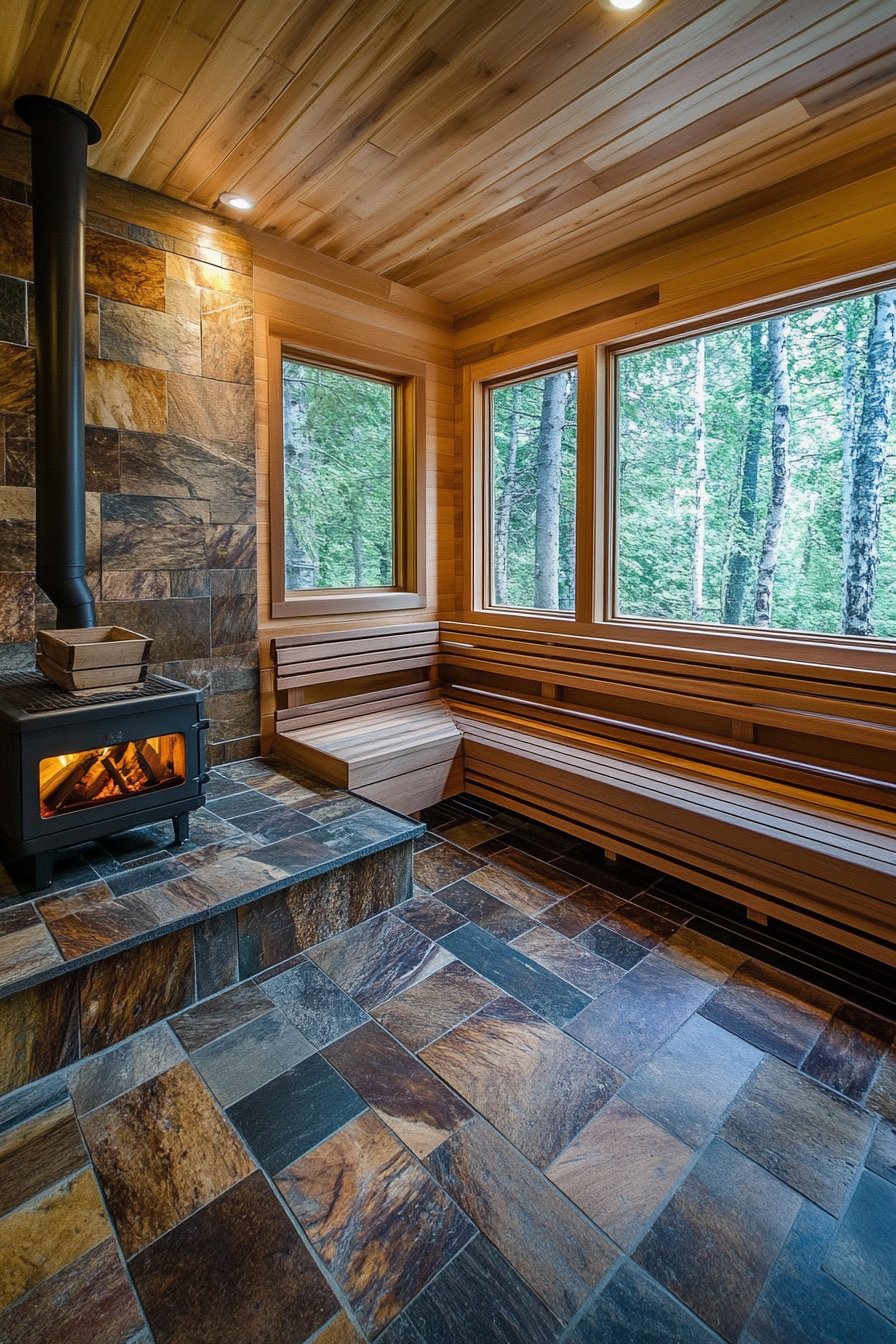 Sauna room design. Rectangular wood-burning stove with cedar tiered benches.