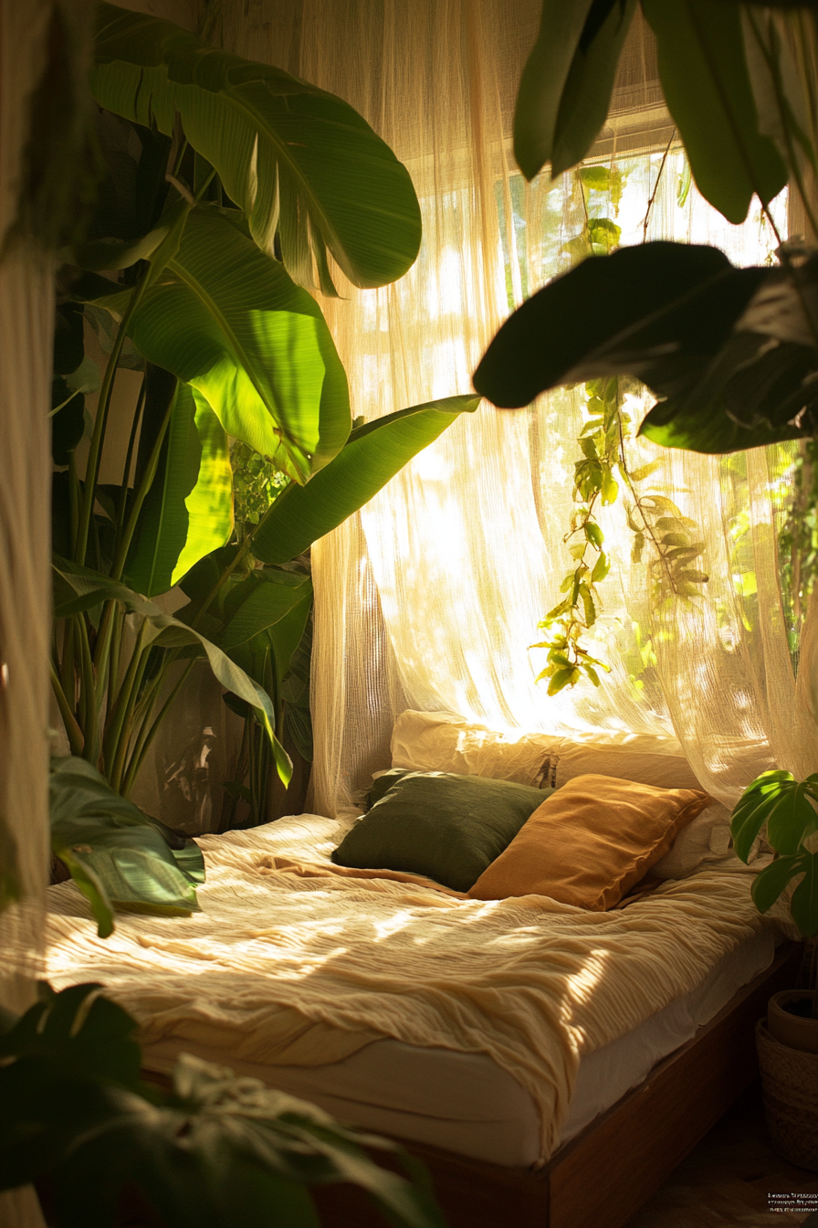 Sleeping nook. Mosquito net drapes, mahogany bed, leafy banana plants.