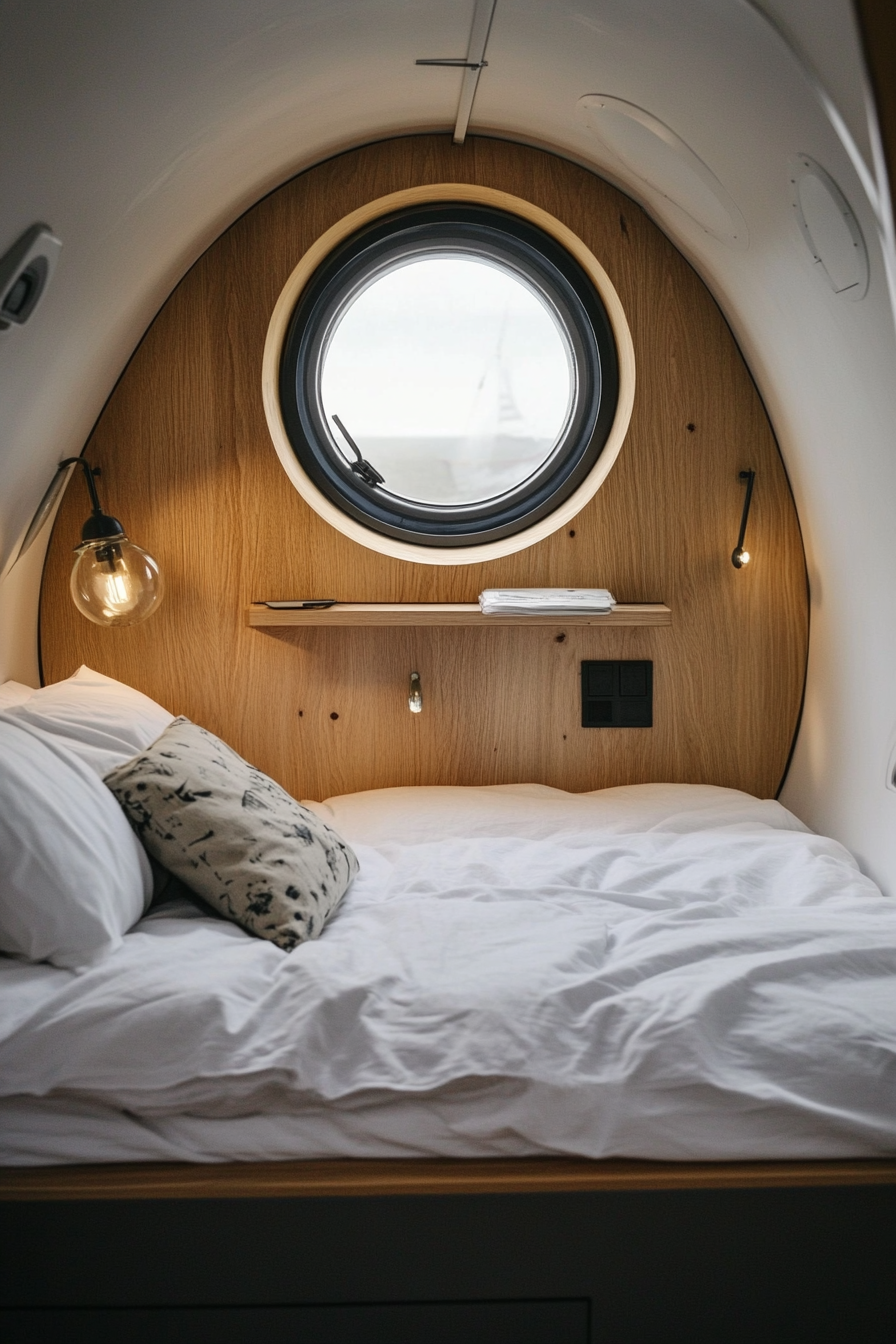 Tiny house bedroom. Loft style, bubble skylight above bed, wall mounted oak nightstands.