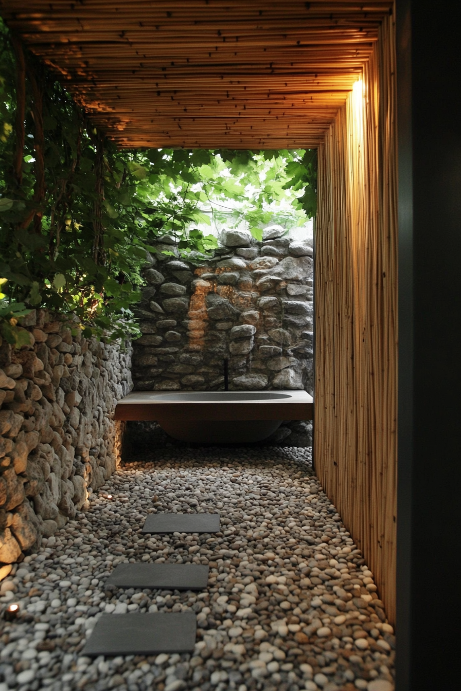 Tiny eco-bathroom concept. Bamboo ceiling, river rock wall covering.