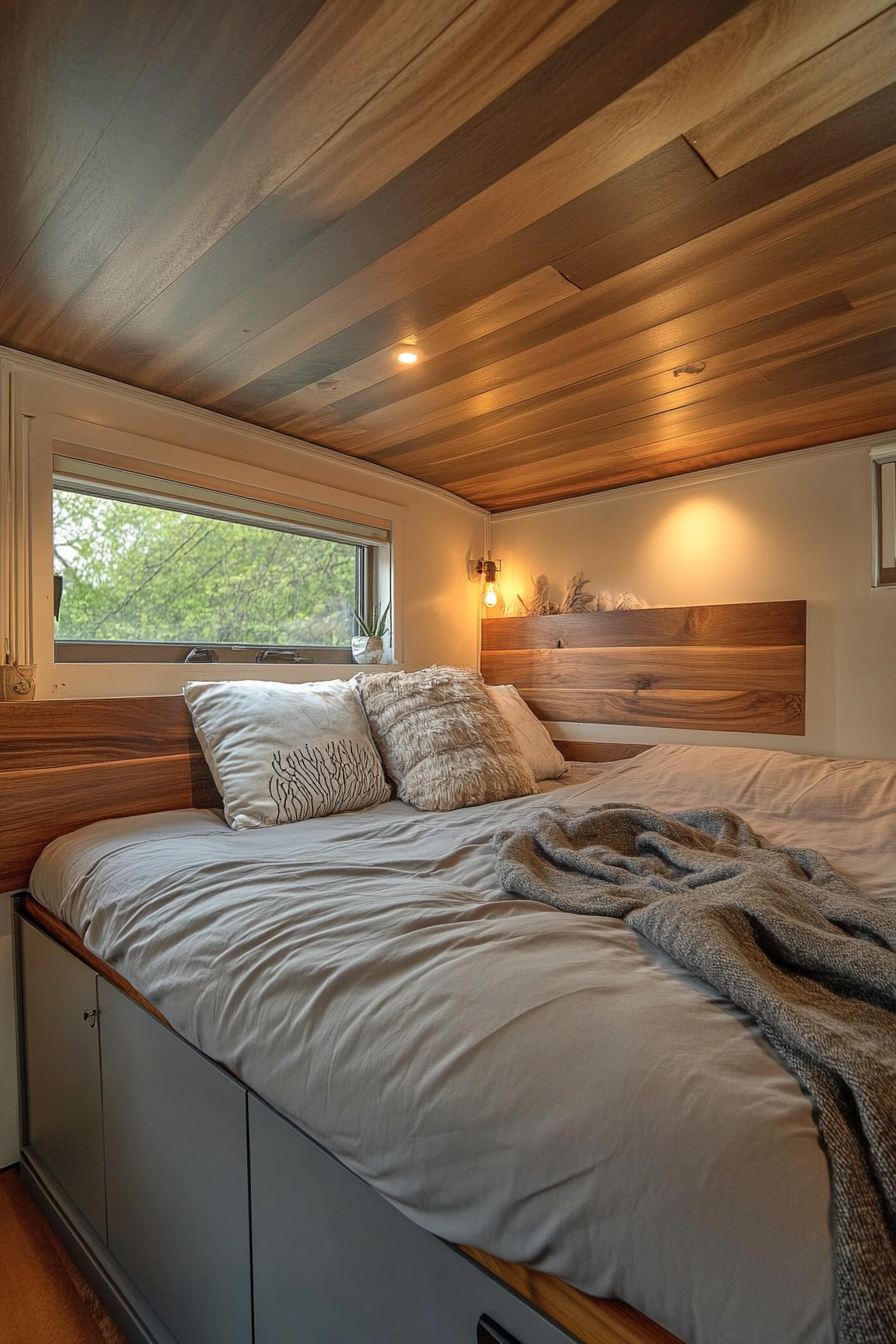 Minimalist tiny house bedroom: wall-mounted walnut nightstands, grey low-altitude storage bed.