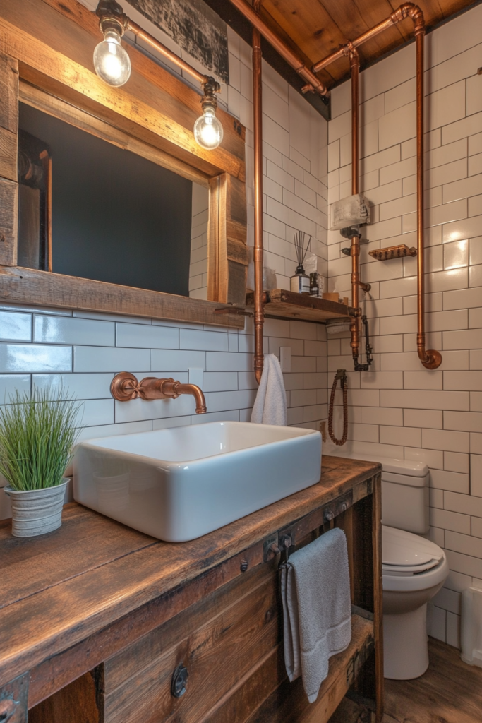 56 Rustic-Industrial Tiny House Bathrooms: Raw Elegance in Compact Spaces