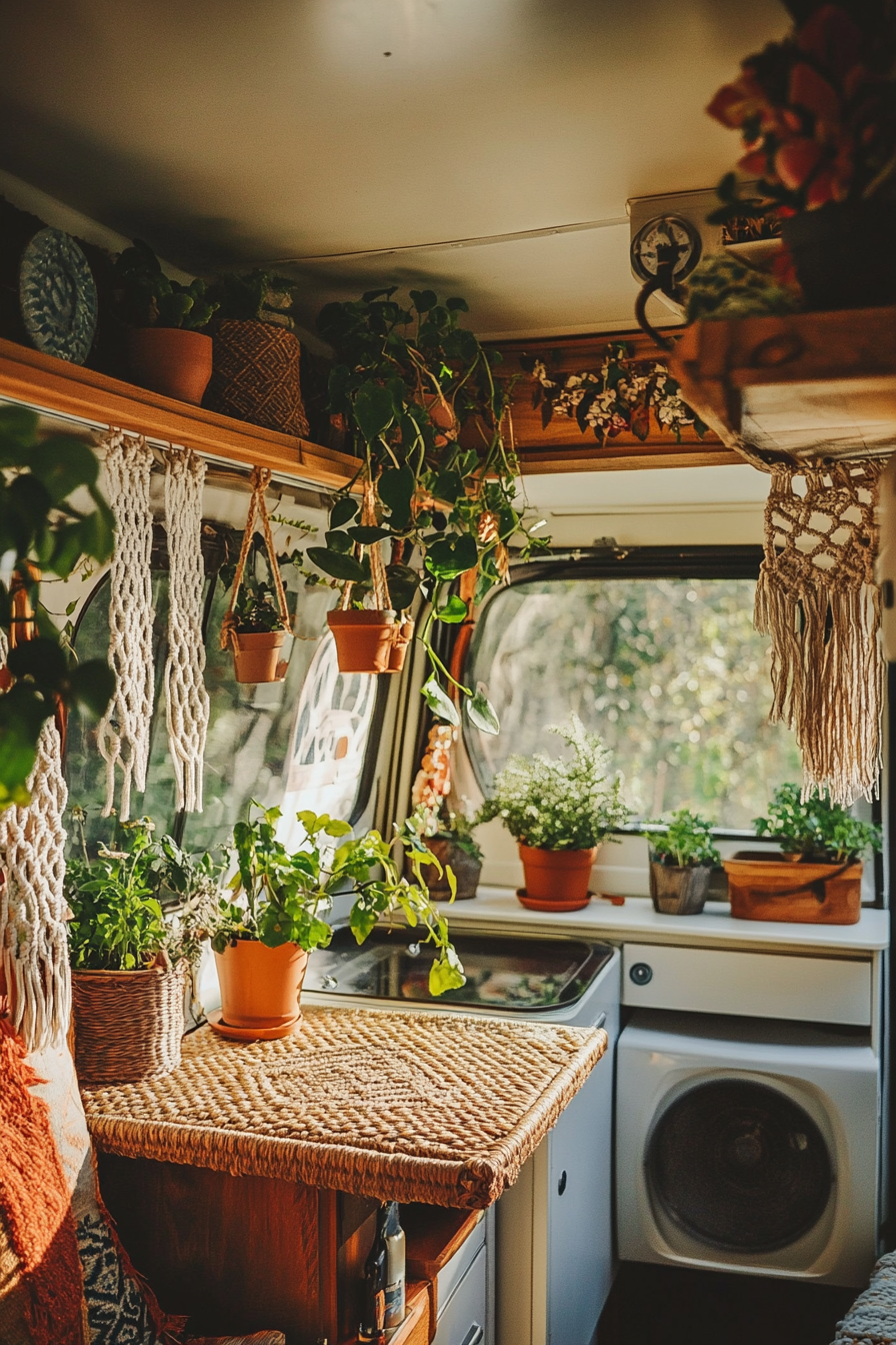 Bohemian camper kitchen. Macramé plant hangers and rattan table.